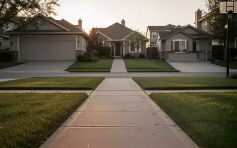 Eine leere Wohnstraße in einem Vorort mit gepflasterten Gehwegen und grünen Vorgärten im sanften Licht der Abendsonne. - Foto: über boerse-global.de