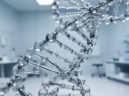 Eine abstrakte, künstlerische Darstellung einer DNA-Doppelhelix in einer sterilen, blau beleuchteten Laborumgebung. - Foto: über boerse-global.de