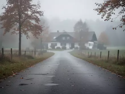 Eine menschenleere, neblige Landstraße vor einem Wohngebäude an einem trüben Herbsttag. - Foto: über boerse-global.de