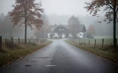 Eine menschenleere, neblige Landstraße vor einem Wohngebäude an einem trüben Herbsttag. - Foto: über boerse-global.de