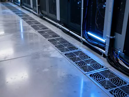 Ein minimalistischer Serverraum mit blauer Beleuchtung und industriellen Lüftungsschächten. - Foto: über boerse-global.de