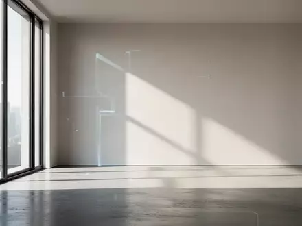Ein minimalistischer, moderner Innenraum mit klaren Linien und weichem Tageslicht, das geometrische Schatten auf eine Wand wirft. - Foto: über boerse-global.de