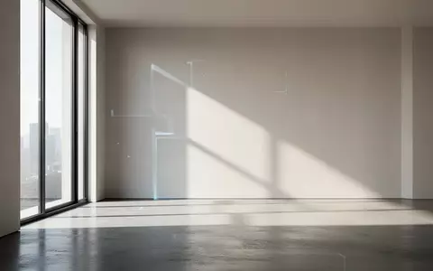Ein minimalistischer, moderner Innenraum mit klaren Linien und weichem Tageslicht, das geometrische Schatten auf eine Wand wirft. - Foto: über boerse-global.de