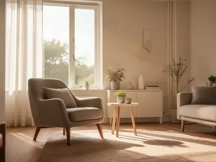 Ein helles, modern eingerichtetes Wohnzimmer mit einem bequemen Sessel in einer ruhigen, privaten Umgebung. - Foto: über boerse-global.de
