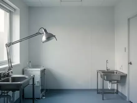 Ein leerer, steriler Behandlungsraum in einer Arztpraxis mit einer medizinischen Leuchte und einem Waschbecken. - Foto: über boerse-global.de