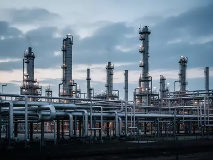 Eine weitläufige industrielle Raffinerieanlage mit Stahlrohren und Türmen in der Abenddämmerung. - Foto: über boerse-global.de
