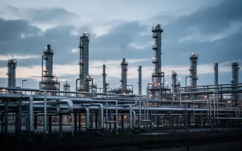 Eine weitläufige industrielle Raffinerieanlage mit Stahlrohren und Türmen in der Abenddämmerung. - Foto: über boerse-global.de