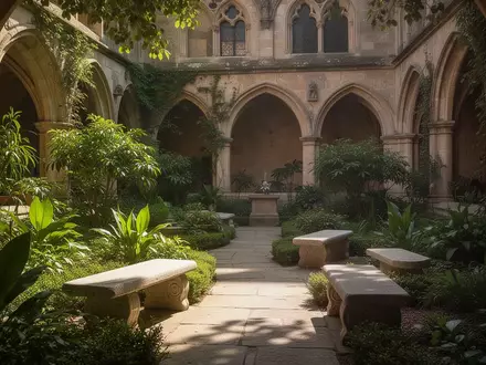 Ein sonniger, begrünter Innenhof in einem historischen Kloster mit Sitzgelegenheiten und Gartenanlagen. - Foto: über boerse-global.de
