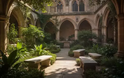 Ein sonniger, begrünter Innenhof in einem historischen Kloster mit Sitzgelegenheiten und Gartenanlagen. - Foto: über boerse-global.de