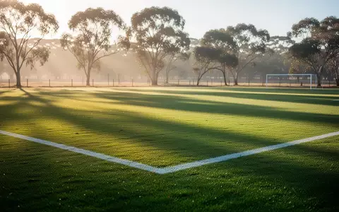 Ein sonnendurchflutetes Fußballfeld mit frisch gemähtem Rasen und weißen Spielfeldmarkierungen in einer australischen Landschaft. - Foto: über boerse-global.de