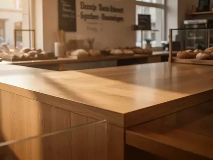 Ein hölzerner Verkaufstresen in einer Bäckerei im warmen Morgenlicht, symbolisch für den Zahlungsverkehr im Handel. - Foto: über boerse-global.de