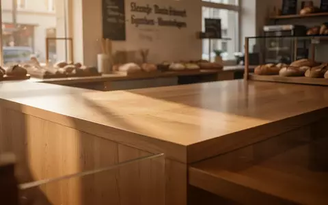 Ein hölzerner Verkaufstresen in einer Bäckerei im warmen Morgenlicht, symbolisch für den Zahlungsverkehr im Handel. - Foto: über boerse-global.de