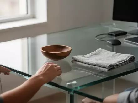 Ein minimalistischer, heller Schreibtisch mit einer leeren Holzschale und einem Stofftuch in einer ruhigen Umgebung. - Foto: über boerse-global.de