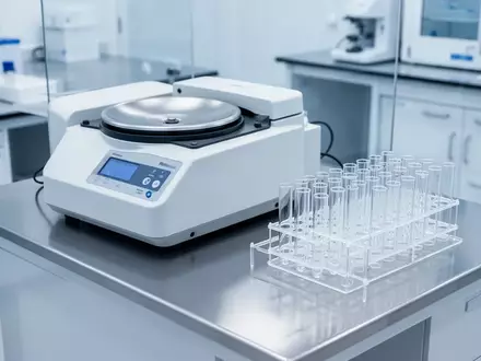 Ein steriler klinischer Laborarbeitsplatz mit Zentrifuge und Reagenzgläsern in heller, sachlicher Atmosphäre. - Foto: über boerse-global.de