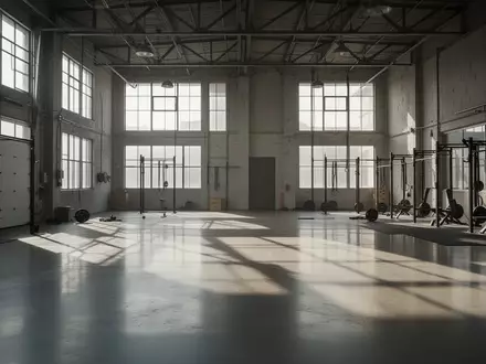 Leere, minimalistische Trainingshalle mit poliertem Betonboden und einfallendem Sonnenlicht durch große Industriefenster. - Foto: über boerse-global.de