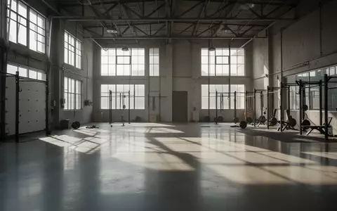 Leere, minimalistische Trainingshalle mit poliertem Betonboden und einfallendem Sonnenlicht durch groĂźe Industriefenster. - Foto: ĂĽber boerse-global.de