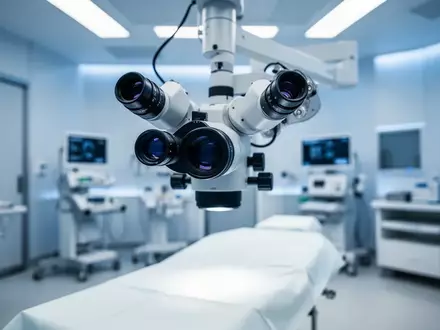 Ein unbesetztes Operationsmikroskop in einem sterilen, modern ausgestatteten Behandlungsraum einer Augenklinik. - Foto: über boerse-global.de