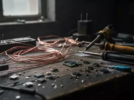Nahaufnahme einer dunklen Werkbank mit elektronischen Bauteilen, Drähten und Lötwerkzeugen in einem schummrigen Raum. - Foto: über boerse-global.de
