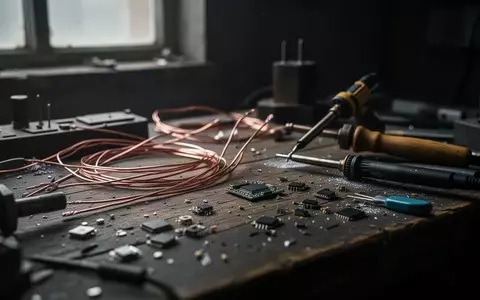 Nahaufnahme einer dunklen Werkbank mit elektronischen Bauteilen, Drähten und Lötwerkzeugen in einem schummrigen Raum. - Foto: über boerse-global.de