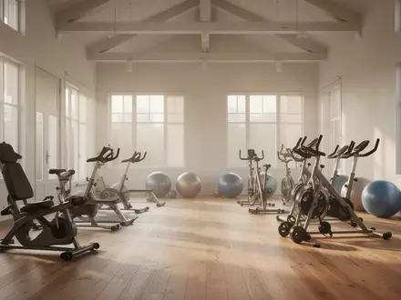 Ein heller, minimalistischer Bewegungsraum mit Holzboden und Fitnessgeräten in einer ruhigen, sonnendurchfluteten Umgebung. - Foto: über boerse-global.de