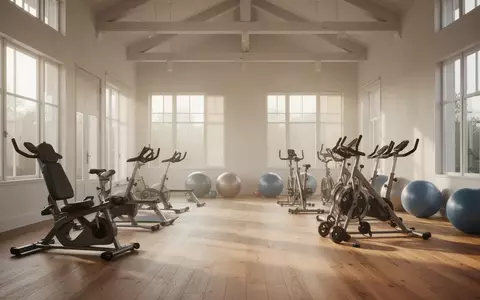 Ein heller, minimalistischer Bewegungsraum mit Holzboden und Fitnessgeräten in einer ruhigen, sonnendurchfluteten Umgebung. - Foto: über boerse-global.de
