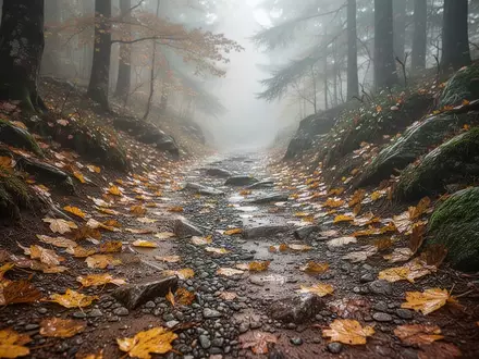Ein herbstlicher Waldpfad mit feuchtem Laub und losem Schotter, der sich durch eine neblige Landschaft schlängelt. - Foto: über boerse-global.de