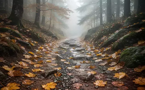 Ein herbstlicher Waldpfad mit feuchtem Laub und losem Schotter, der sich durch eine neblige Landschaft schlängelt. - Foto: über boerse-global.de