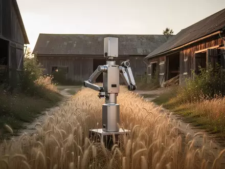 Ein minimalistischer Roboter steht inmitten eines goldenen Weizenfeldes vor alten, verlassenen Scheunengebäuden bei Sonnenuntergang. - Foto: über boerse-global.de