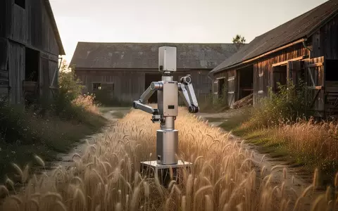Ein minimalistischer Roboter steht inmitten eines goldenen Weizenfeldes vor alten, verlassenen Scheunengebäuden bei Sonnenuntergang. - Foto: über boerse-global.de