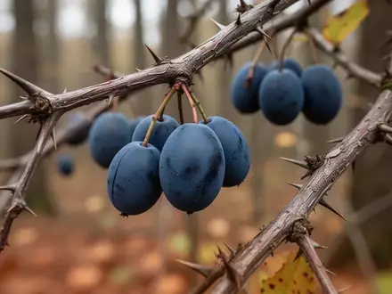 Reife Schlehenfrüchte an einem dornigen Strauch im herbstlichen Wald bei natürlichem Tageslicht. - Foto: über boerse-global.de