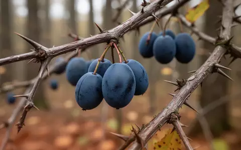 Reife Schlehenfrüchte an einem dornigen Strauch im herbstlichen Wald bei natürlichem Tageslicht. - Foto: über boerse-global.de