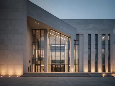 Moderne Fassade eines öffentlichen Verwaltungsgebäudes in der Abenddämmerung mit Fokus auf Architektur und Struktur. - Foto: über boerse-global.de