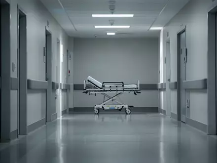 Ein leerer, modern gestalteter Krankenhausflur mit steriler Atmosphäre und kühler Beleuchtung. - Foto: über boerse-global.de