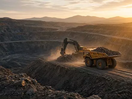 Große Tagebau-Mine mit schwerem Gerät in einer weiten Landschaft bei Sonnenaufgang. - Foto: über boerse-global.de