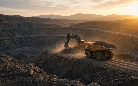 Große Tagebau-Mine mit schwerem Gerät in einer weiten Landschaft bei Sonnenaufgang. - Foto: über boerse-global.de