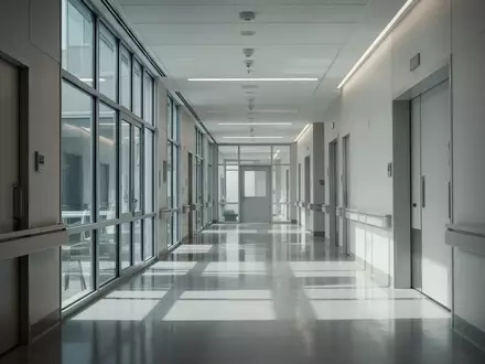 Moderner, heller Krankenhausflur mit minimalistischer Architektur und klaren Linien. - Foto: über boerse-global.de