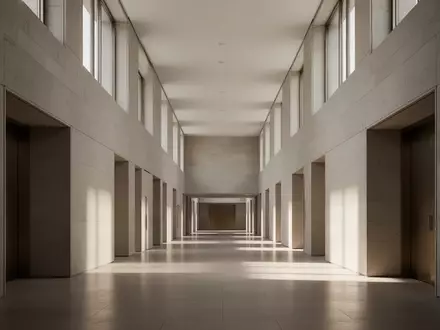 Minimalistischer, moderner Flur in einem Regierungsgebäude mit symmetrischen Steinwänden und hellem Tageslicht. - Foto: über boerse-global.de