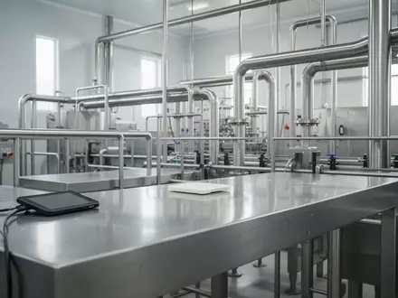 Sterile, glänzende Edelstahloberflächen in einer hygienischen Produktionshalle für Lebensmittel. - Foto: über boerse-global.de