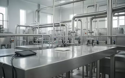 Sterile, glänzende Edelstahloberflächen in einer hygienischen Produktionshalle für Lebensmittel. - Foto: über boerse-global.de