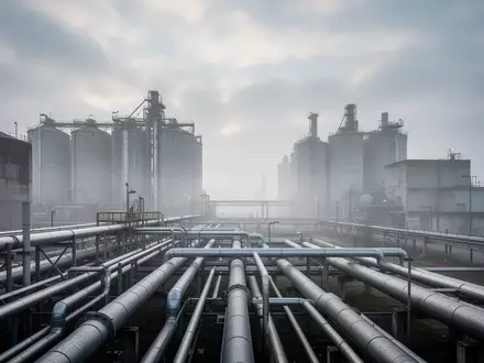 Weitläufiges Industriegebiet mit Stahltanks, Rohrleitungen und Betonstrukturen an einem trüben Tag. - Foto: über boerse-global.de