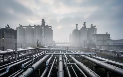 Weitläufiges Industriegebiet mit Stahltanks, Rohrleitungen und Betonstrukturen an einem trüben Tag. - Foto: über boerse-global.de