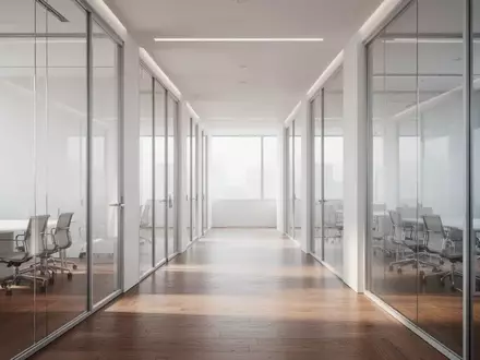 Ein minimalistisch gestalteter, moderner Büroflur mit Glaswänden und hellem Tageslicht in einer strukturierten Arbeitsumgebung. - Foto: über boerse-global.de