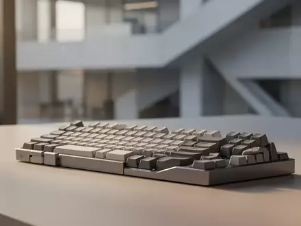 Minimalistische Schreibtischumgebung mit einer mechanischen Tastatur ohne Beschriftung vor einem unscharfen, modernen Bürogebäude. - Foto: über boerse-global.de