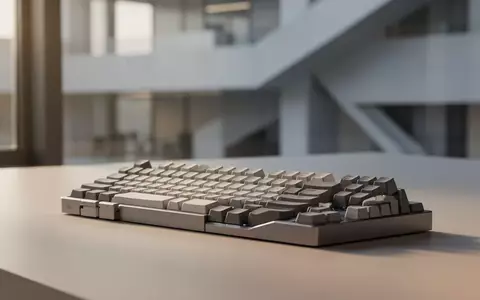 Minimalistische Schreibtischumgebung mit einer mechanischen Tastatur ohne Beschriftung vor einem unscharfen, modernen Bürogebäude. - Foto: über boerse-global.de