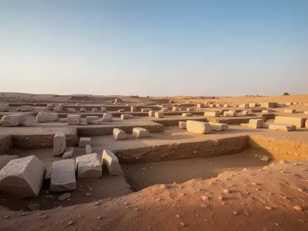 Die trockene, sandige Wüstenlandschaft der archäologischen Stätte Umm el-Qaab bei Abydos unter einem klaren Himmel. - Foto: über boerse-global.de