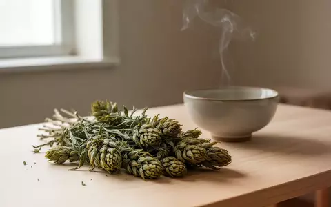 Getrocknete Beifußkräuter auf einem hölzernen Untergrund mit aufsteigendem Rauch in einer ruhigen, hellen Umgebung. - Foto: über boerse-global.de