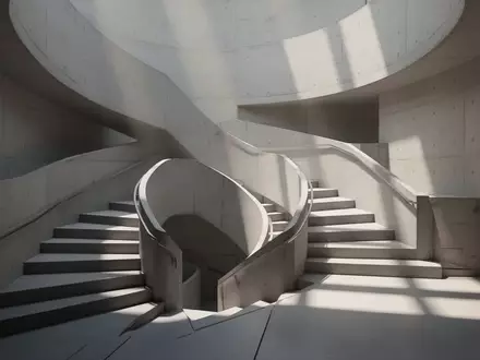 Abstrakte Architekturaufnahme einer verschlungenen Treppe mit geometrischen Schattenwürfen in einem modernen Gebäude. - Foto: über boerse-global.de