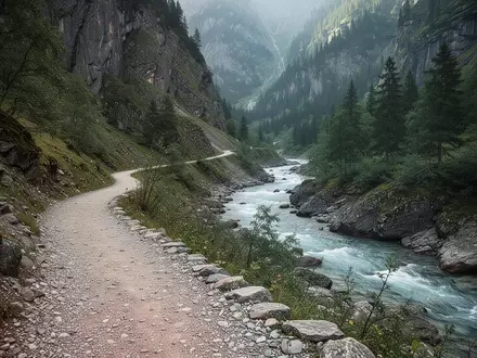 Ein geschwungener Wanderweg entlang eines Gebirgsflusses in einem tiefen Tal zwischen steilen Felswänden. - Foto: über boerse-global.de