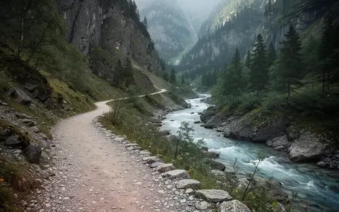 Ein geschwungener Wanderweg entlang eines Gebirgsflusses in einem tiefen Tal zwischen steilen Felswänden. - Foto: über boerse-global.de