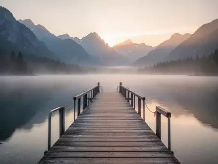 Ein einsamer Holzsteg an einem ruhigen Bergsee im sanften Licht der Morgendämmerung. - Foto: über boerse-global.de